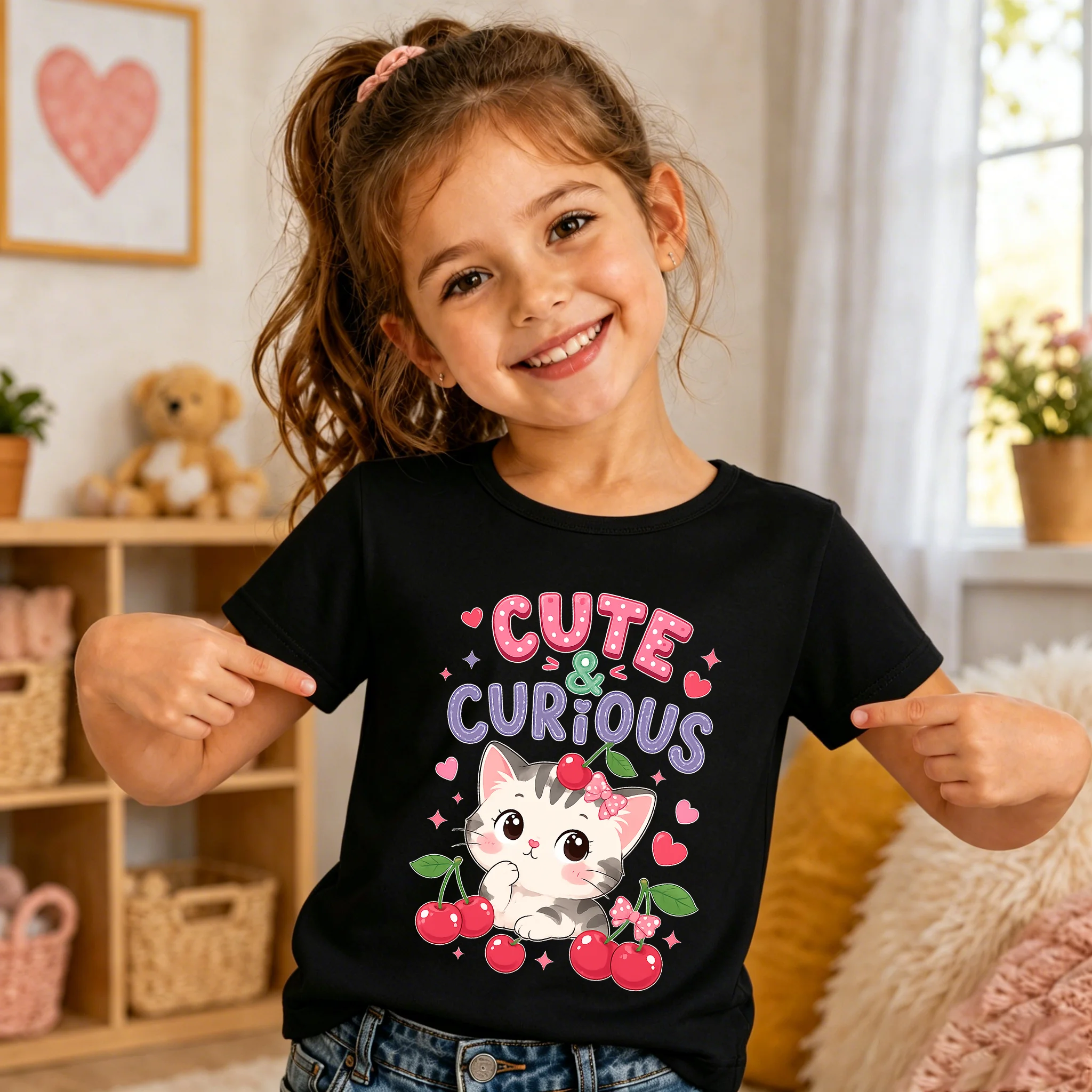 Kids Black Short Sleeve T-Shirt Cute Curious Cartoon Cat Cherry Print Girls Summer Tees Soft Cotton O Neck Children Casual Tops