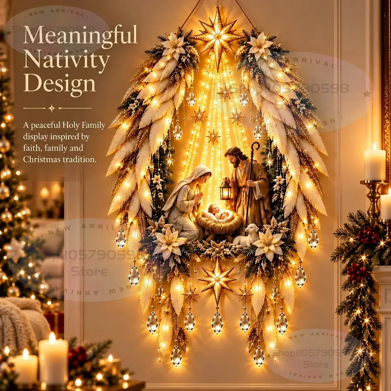 Bethlehem Star of Faith Lighted Nativity Wall Decor,Glowing Christmas,Hanging Ornament,Religious Jesus Manger Scene Decor