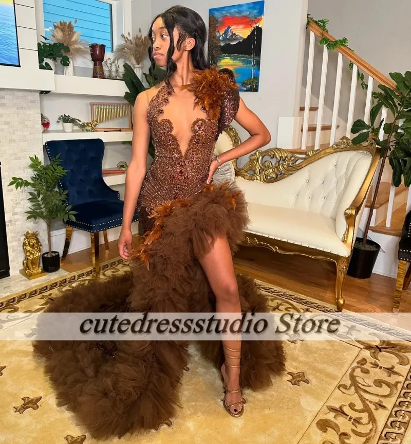 Custom Made Brown Prom Dresses Black Girls 2025 Rhinestone Sequin Mermaid Party Gowns Feathers Split Homecoming Evening Dress