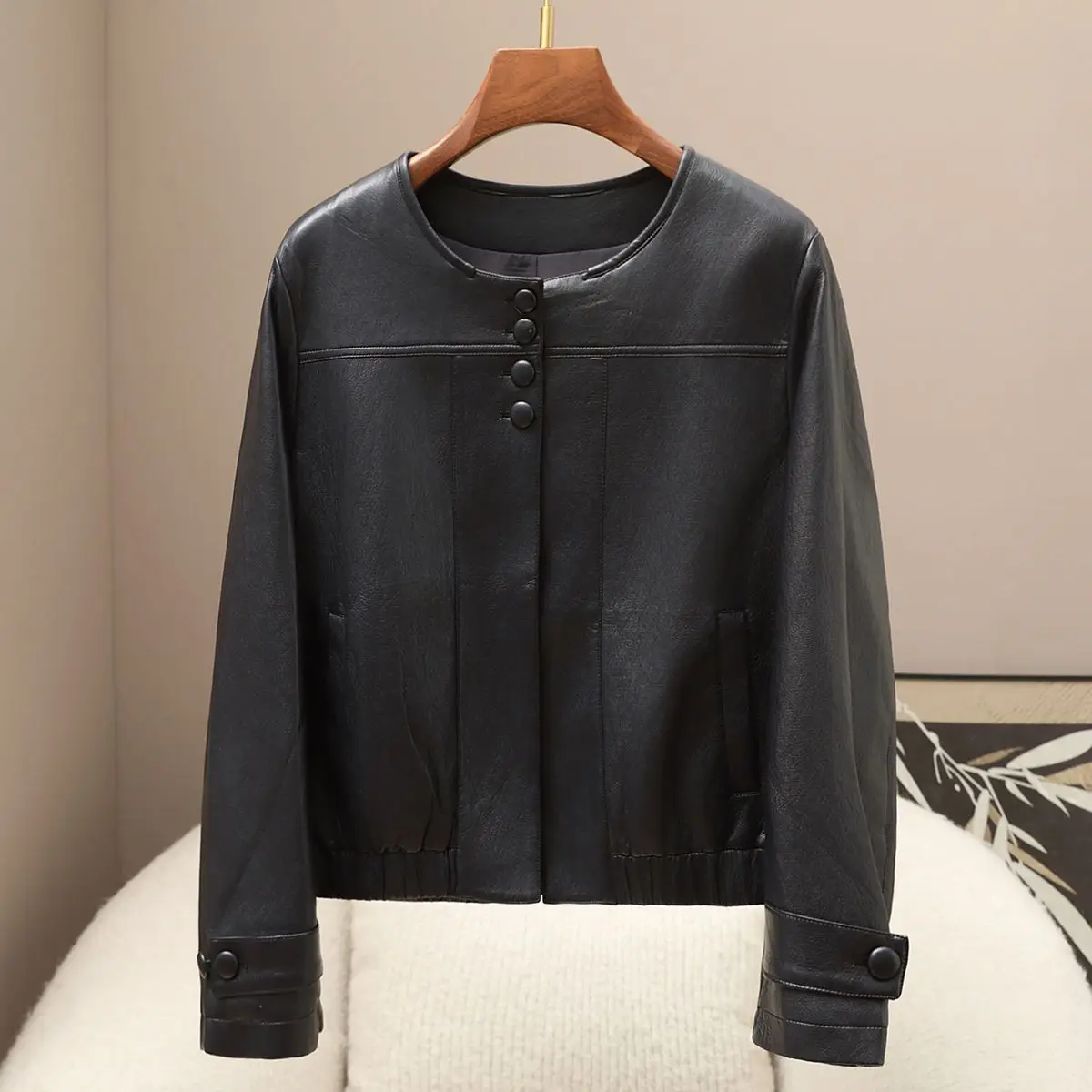 Kort rondhals jack van imitatieleer, nieuw, casual, modieus, rondhals jas voor dames