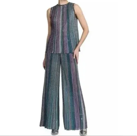 

Women Sequin Embellished Colorful Striped Vest Knit Top or Wide Leg Knit Long Pants