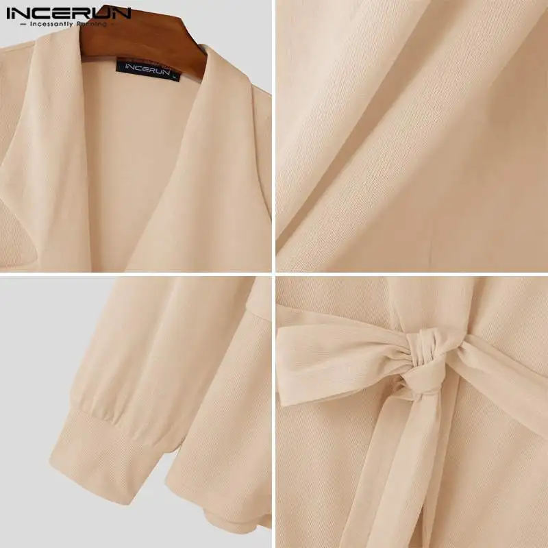 INCERUN-suéter de punto con cuello de solapa para hombre, cárdigans de manga larga, abrigados, con cordones y cinturón, Color sólido