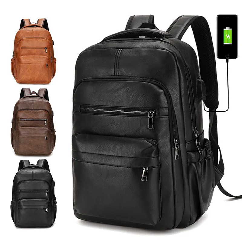 Large Capacity Vintage PU Leather Teenage Backpacks Retro Fashion Schoolbag Man Multifunctional Backpack Men Zipper Designer New