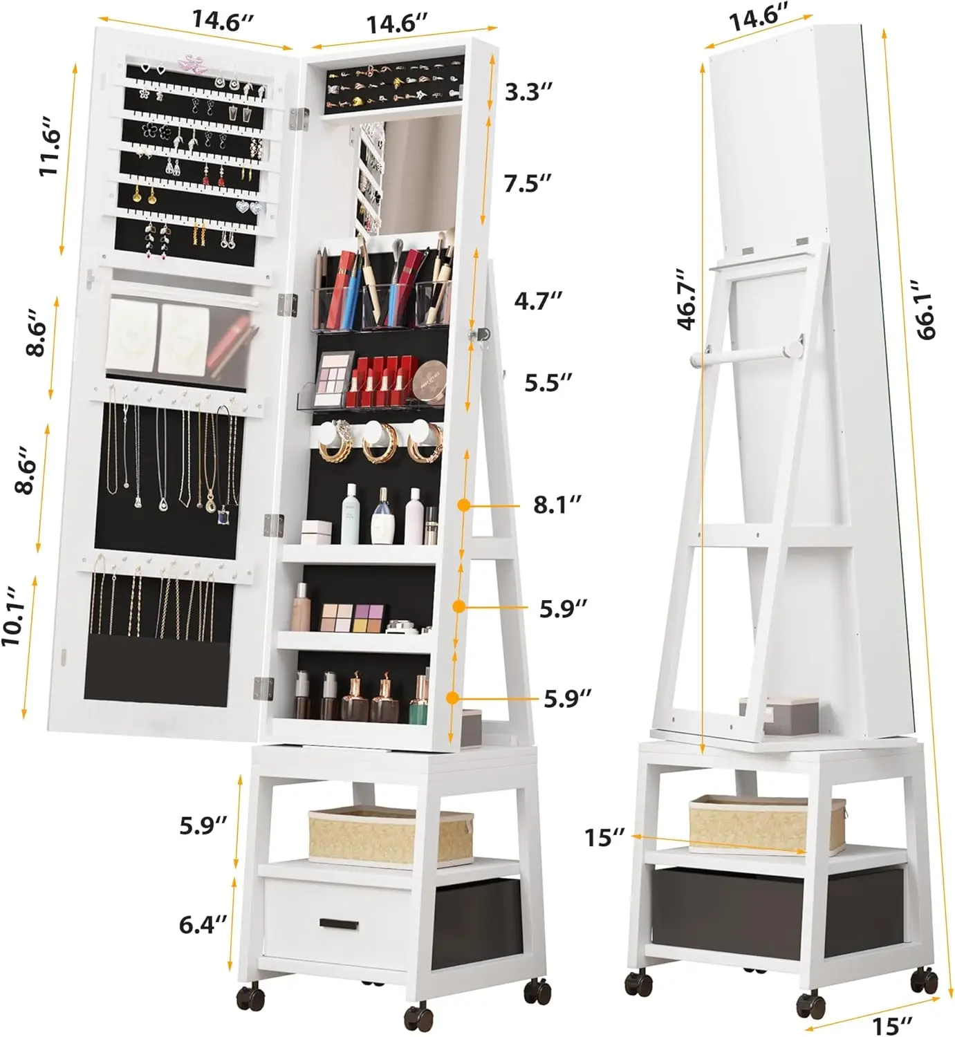 360° Swivel Jewelry Armoire, Floor Standing Locking with Full Length Mirror,Bottom Drawer, Shelf, Wheels,White Cabinet