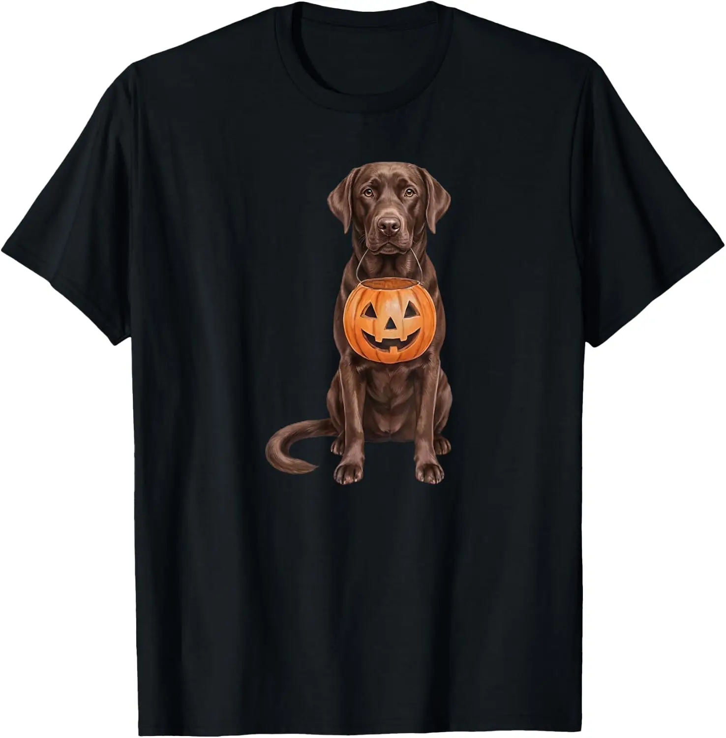 Chocolate Lab Halloween Dog Pumpkin T-Shirt Men Women Unisex Novelty Graphic T‑Shirt, Classic Crew Neck 100% Cotton Tee, Lightweight Anti‑Pilling Breathable Casual Tops, Year‑Round Daily Outfit, Holiday Birthday Present Tee for Friends Family