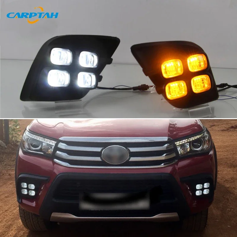 Car LED DRL Daylight For Toyota Hilux Revo Vigo 2015 2016 Yellow Turn Signal Daytime Running Headlamps Auto Driving Lamp Foglamp