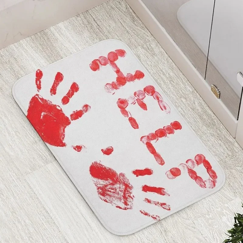 

Entrance By Mat Halloween Blood Hand Print Imitation Wool Carpet Funny Horror Bathroom Water Absorbent Mat