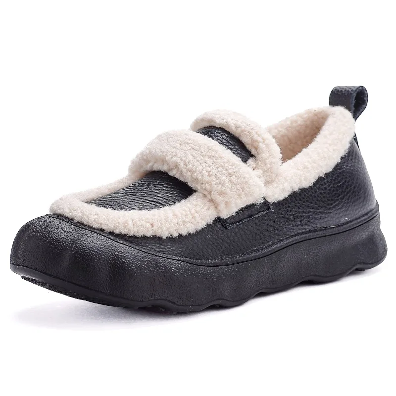 

2026 Fashion Women Winter Warm Shoes Handmade Retro Style Genuine Leather Slip On Loafers Ladies Fluffy Fur Cotton Shoes