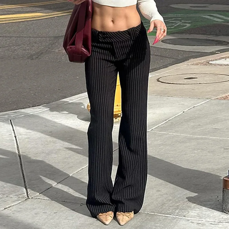 

Y2K Pants European American Striped Color Block High Waist Slim Fit Micro Flare Street Fashion