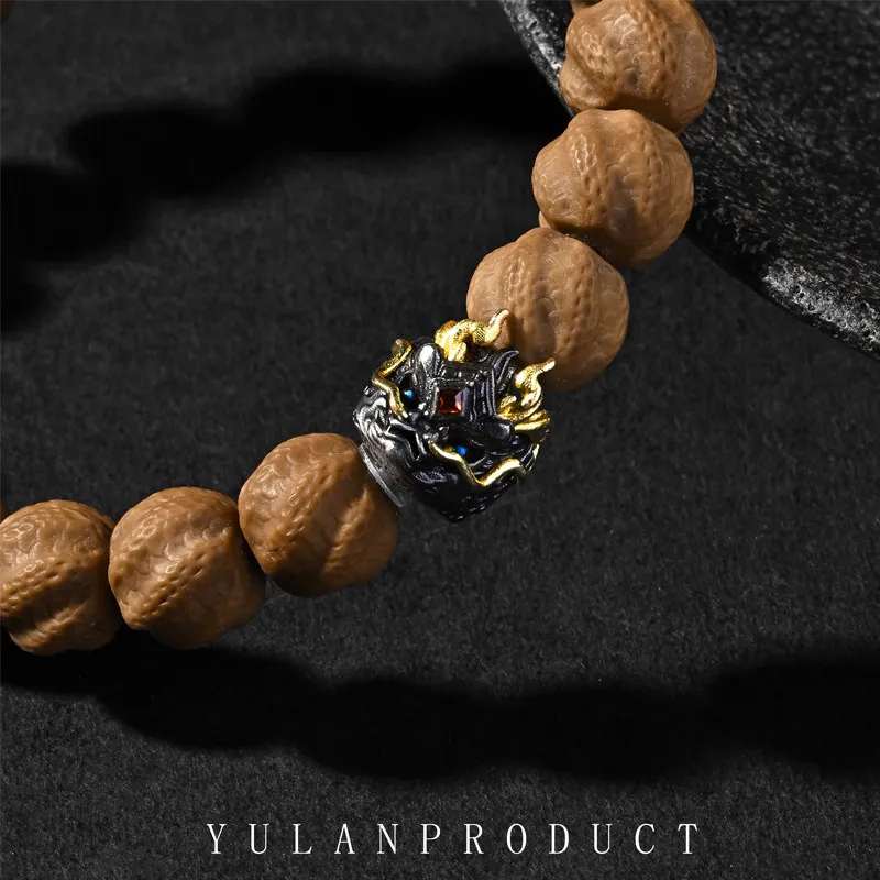 Yno Chinese Style Black Dragon Decor 10mm Walnut Beaded Bracelet Lucky Blessing Wealth Attracting Unisex Stress Relief Wrist Jew