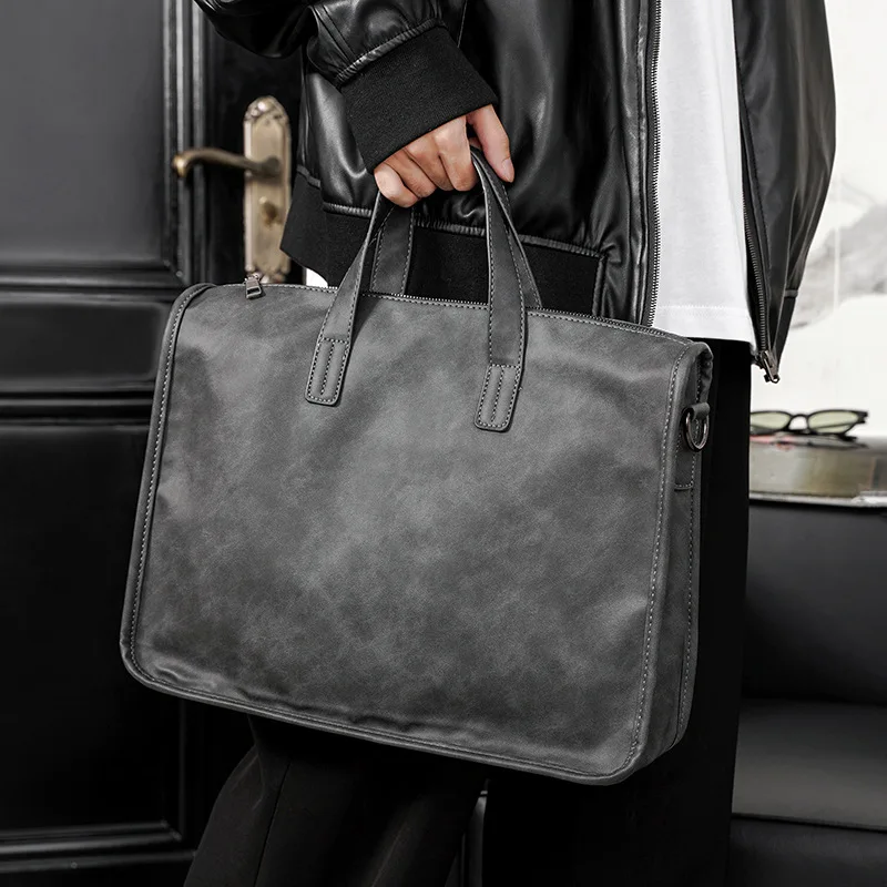 حقيبة ملفات محمولة بسحاب بإبزيم كبير مربع للرجال، تخزين الكمبيوتر، متعددة الجيوب، حقيبة عمل بكتف واحد