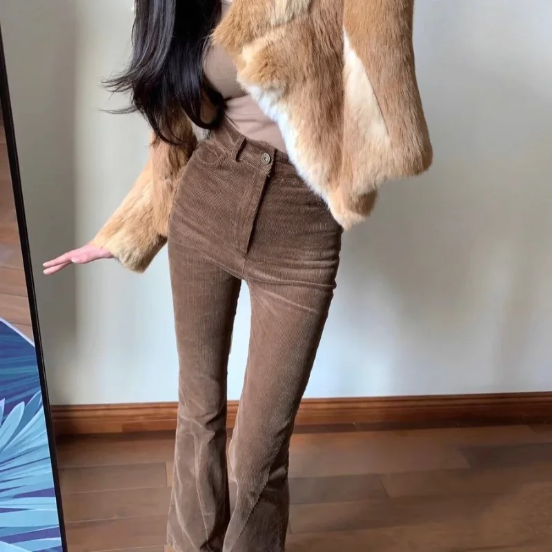 Retro Brown Corduroy Wide Leg Women's Autumn and Winter Slim Stretch Micro-Bell Pants