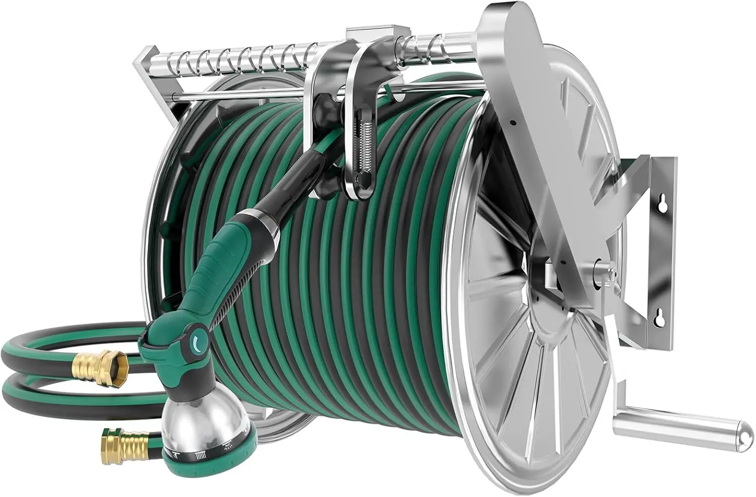 

Stainless Steel Garden Hose Reel with 5/8" x 100 ft Water Hose, Wall Mount Hose Reels for Outside, 10-Pattern Spray Nozzle, with