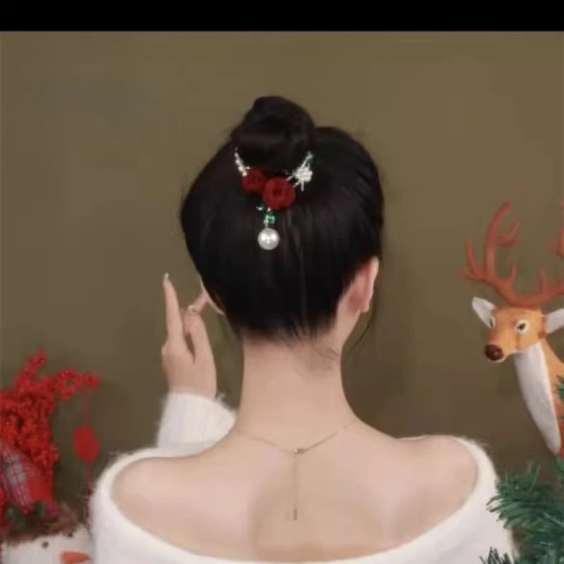 

Romantic Sweet Red Velvet Rose Flower Pearls Hair Clip for Women and Girls Ponytail Buckle Headband Female Hair Accessories