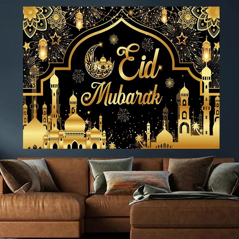 VIKAMA Eid Fotografie-Hintergrund Ramadan Glücksverheißender Goldener Blumentapeten Eid-Feier Dekorativer Banner Wandteppich