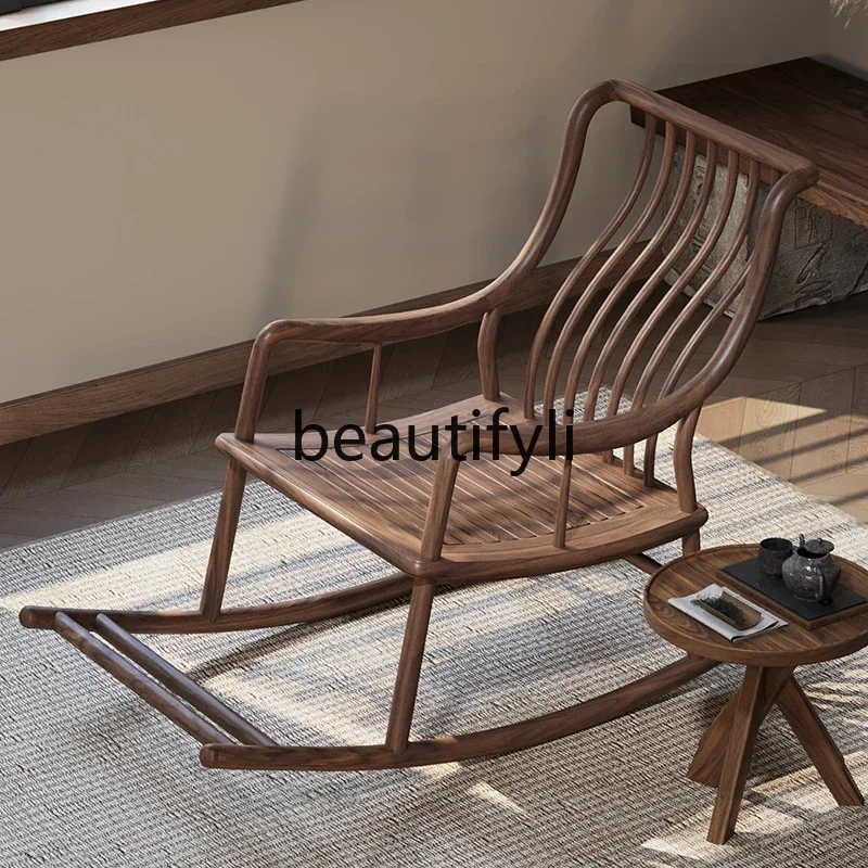 New Chinese solid wood rocking chair North American black walnut rocking chair, adult balcony lazy chair0746