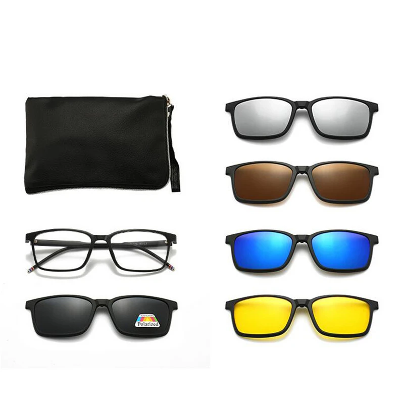 GSBJXZ Magnet-Clip, quadratische Myopie-Sonnenbrille für Herren und Damen, mit 5 Clip-on-Sonnenbrillen, polarisierte verschreibungspflichtige Brillen, 0–0,5–0,75 bis–6,0 3