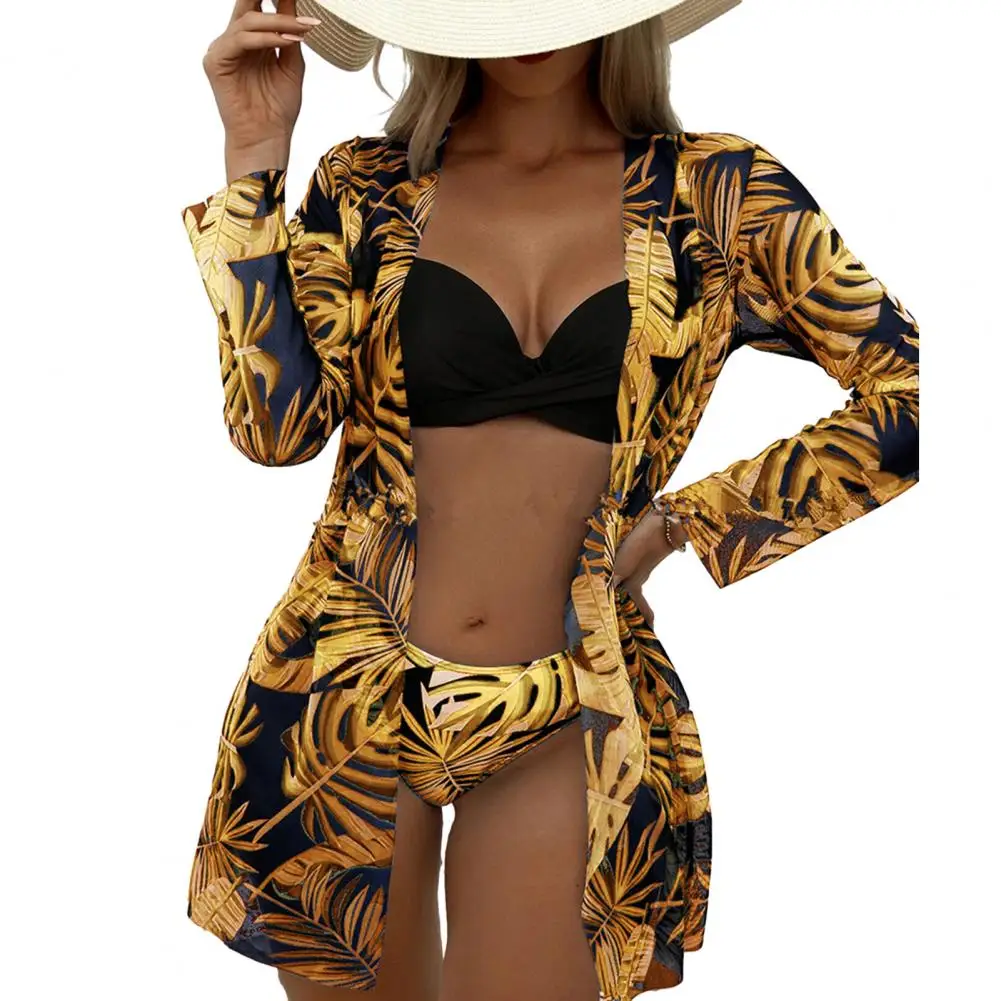 Women Three-piece Swimsuit Three Pieces Swimwear Floral Print Three-piece Bikini Set with High Waist Long Sleeve for Women