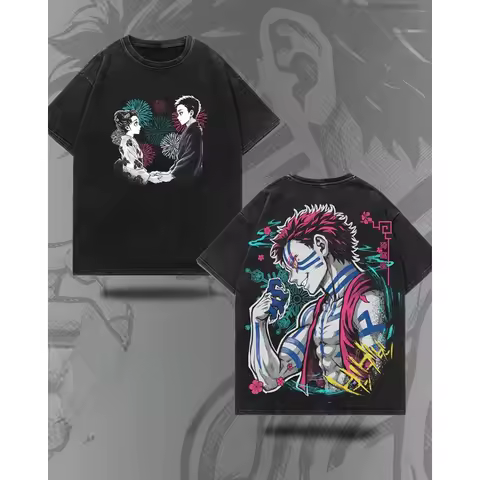 Japanese Anime Demon Slayer Akaza ＆ Koyuki Graphic Washes T-shirts Men's Women's Cotton Clothing Harajuku Y2K Male Causalwear