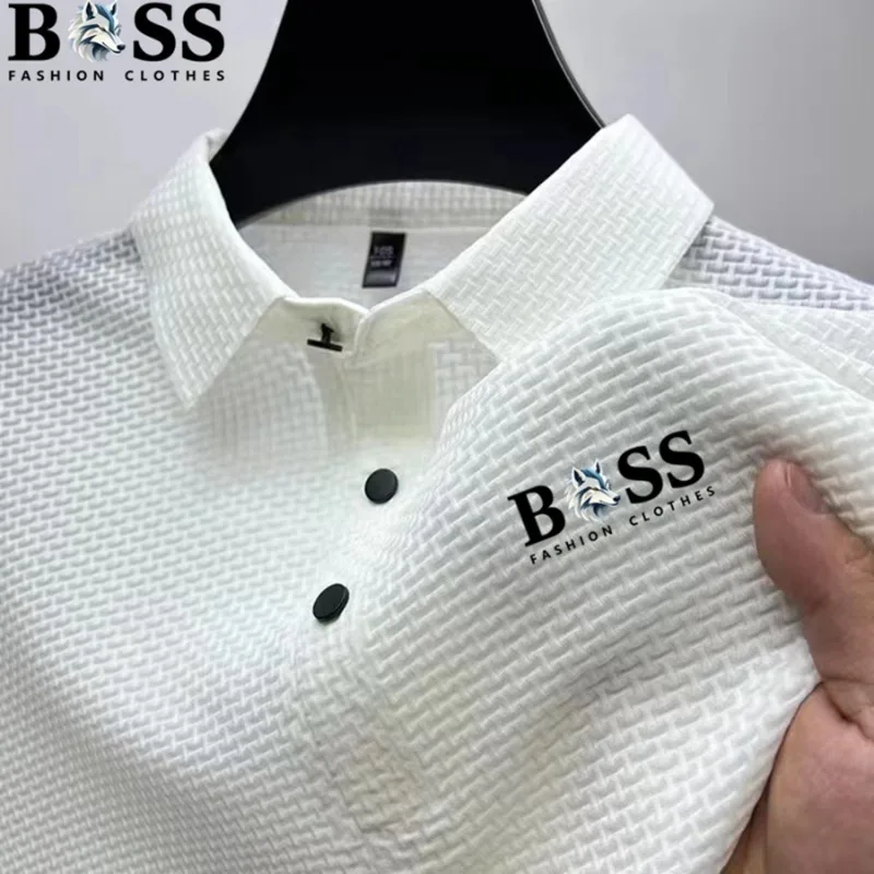 Men's Polo Shirt Summer 2026 Ice Silk Breathable Short Sleeve Tops Business Casual Solid Color T-Shirt Quick Dry Slim Fit Clothi