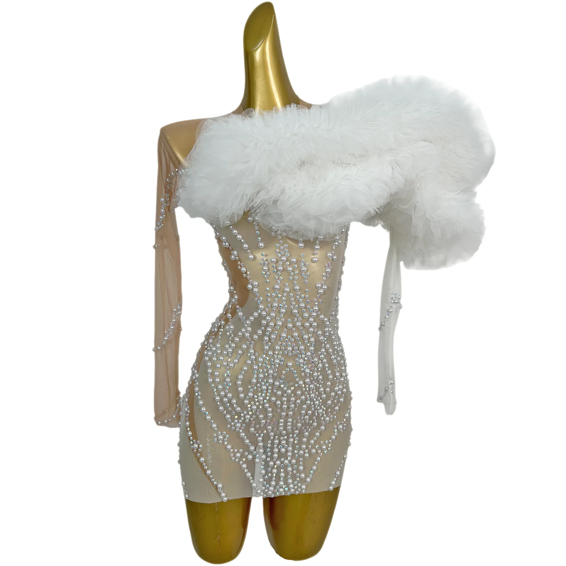 

Tianxiang Womens Luxury White Tulle Pearl Rhinestone Mini Dress Sheer Mesh One Shoulder Bodycon Formal Evening Party Prom Gown