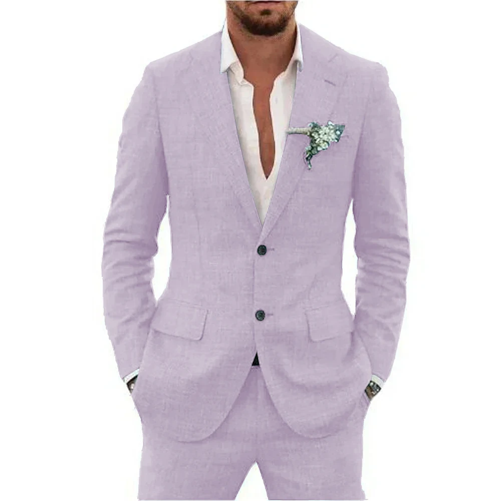 Casual Linen Suit for Men Notched Lapel Slim Fit 2 Pieces for Wedding Dresses Summer Beach Tuxedo Suits for Men