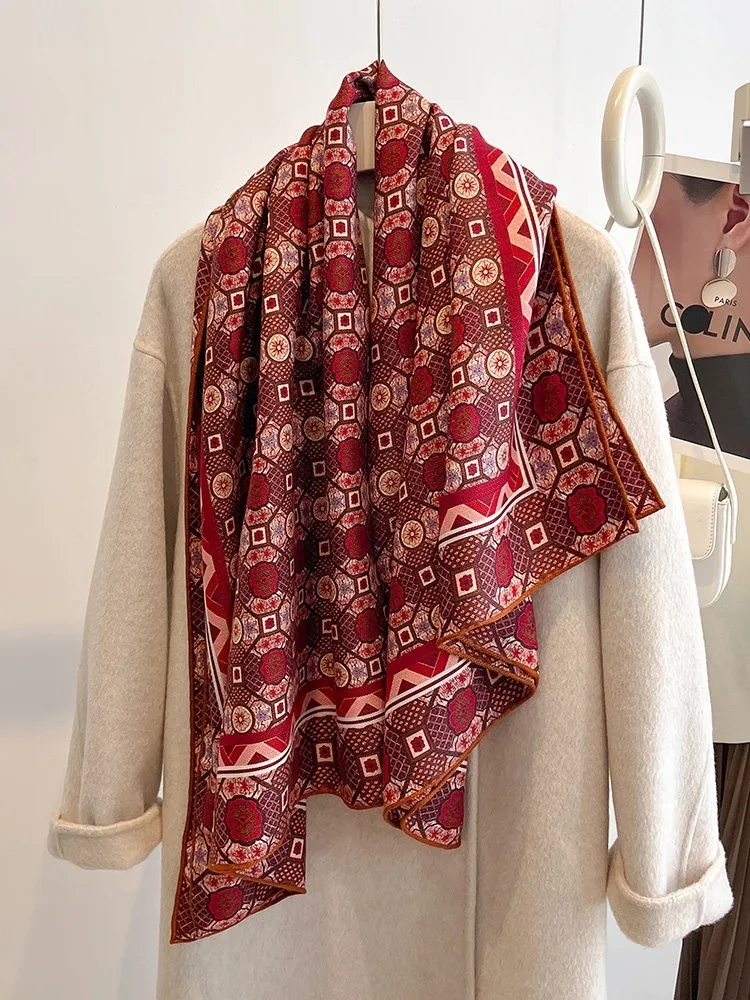 Red silk and wool scarf with a light luxury feel large square summer air-conditioned rooms shawl women's outerwear