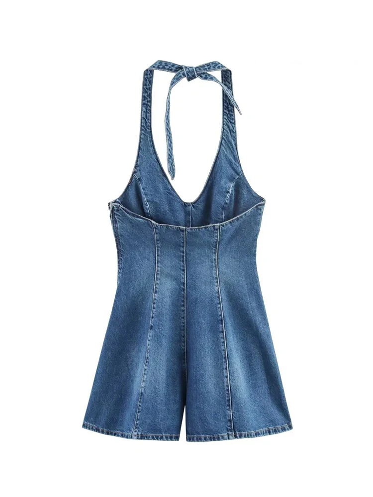 Donna Sexy Hanging Neck Backless Denim One-piece Shorts Estate Nuovo Y2K Waisted Slim High Street V-Neck One-piece Pants