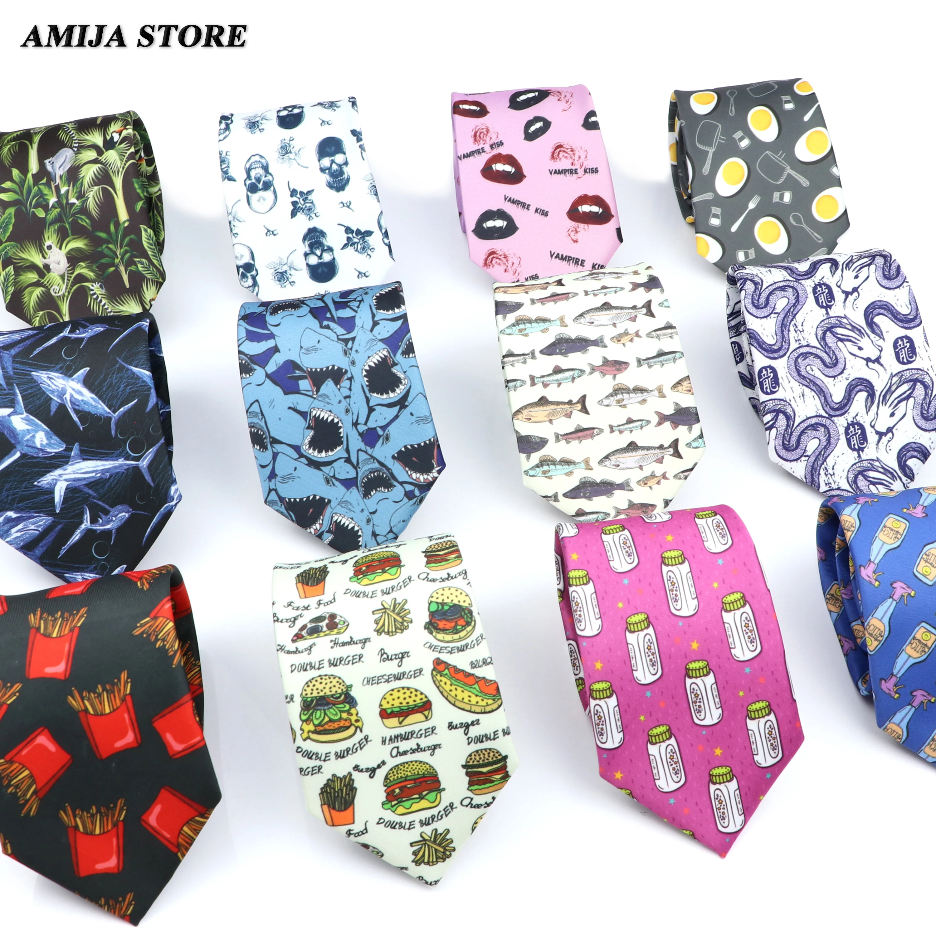 Funny Men's Tie Floral Necktie Fries Burger Shark Skull Print Cravat Accessories Bussiness Daily Wear Wedding Party Gift For Man