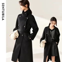 SENTUBILA Women's Long Woolen Overcoats 2026 Winter Outerwear Elegant Turtleneck Warm Double Breasted Belt Wrap Coat W24O42064