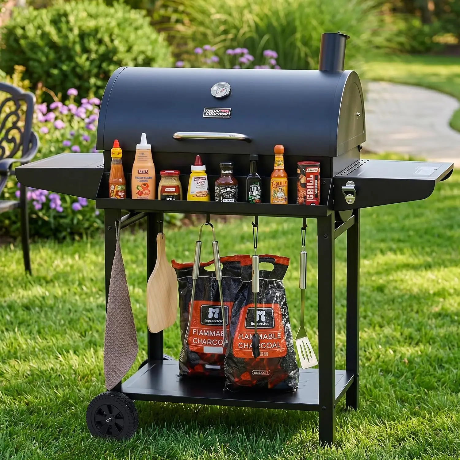 Barrel-Style Charcoal Grill with Front Storage Basket and Hooks