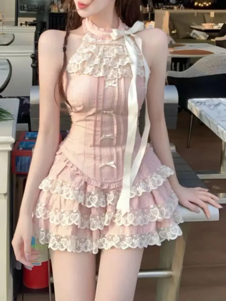 Y2k Japanese Sweet Kawaii 2 Piece Set Women Bow Lace Slim Tops Vest Fluffy Cake Mini Skirt Suits Summer Cute Dresses Cute Sets