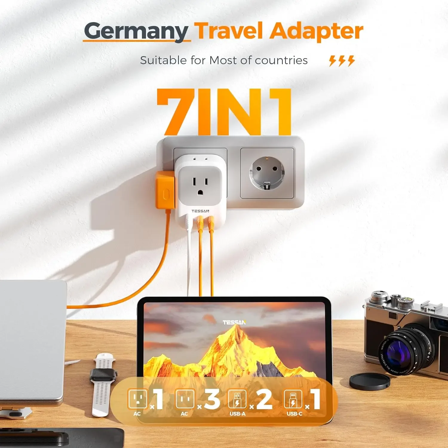 TESSAN US to EU Travel Adapter with 4 AC Outlets 3 USB Ports 7 in 1 Type E/F Plug Adaptor for Spain French Russia Wall Socket