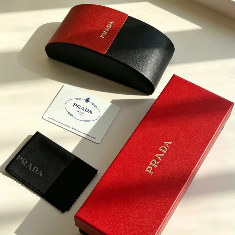 Prada Fashion Textured Black and Red Sunglasses Case Women's Portable Hard Shell Eyewear Storage Box Travel Holiday Accessories
