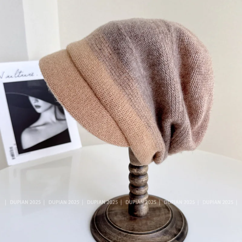 High-quality merino wool blended pile hat 100% Australian wool knitted hat women outdoor gradient color striped wool hat