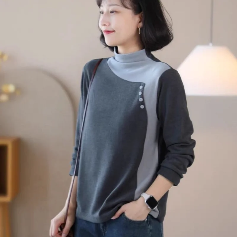 2023 Autumn/Winter New Half High Collar Versatile Loose and Slim Underlay Shirt Korean Version Casual Comfortable Leisure Tops