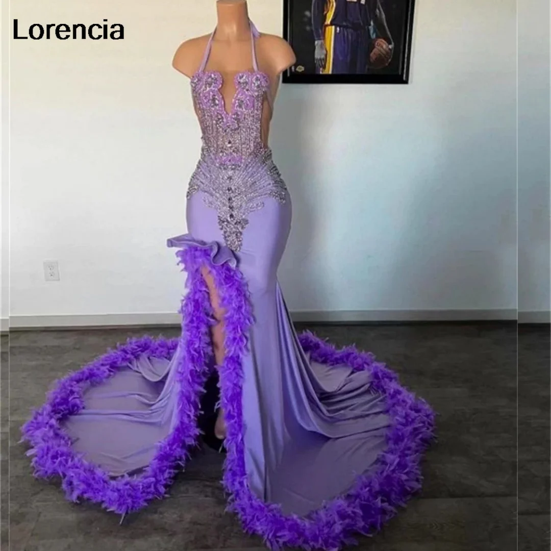 Lorencia-Purple Feathers Sereia vestido de baile para meninas negras, Lace Applique Beading, Frente Split vestido de festa, YPD83