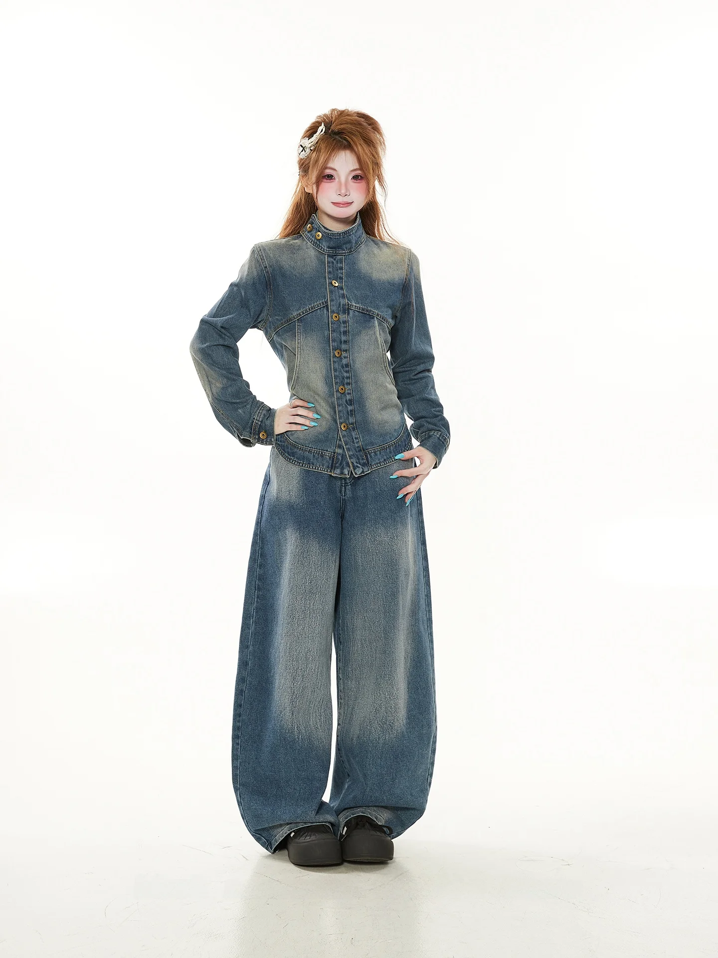 

Американский стиль: Новые джинсы-куртки Slim Fit с эффектом потертости для женщин, весна-осень, с бретелями, в стиле Cool Girl