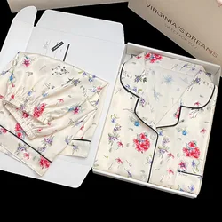 New Pajamas Women's Summer Ice Silk Short Sleeved Shorts Chinese Style Flower Women's Home Clothing Luxury Floral Pijamas Women