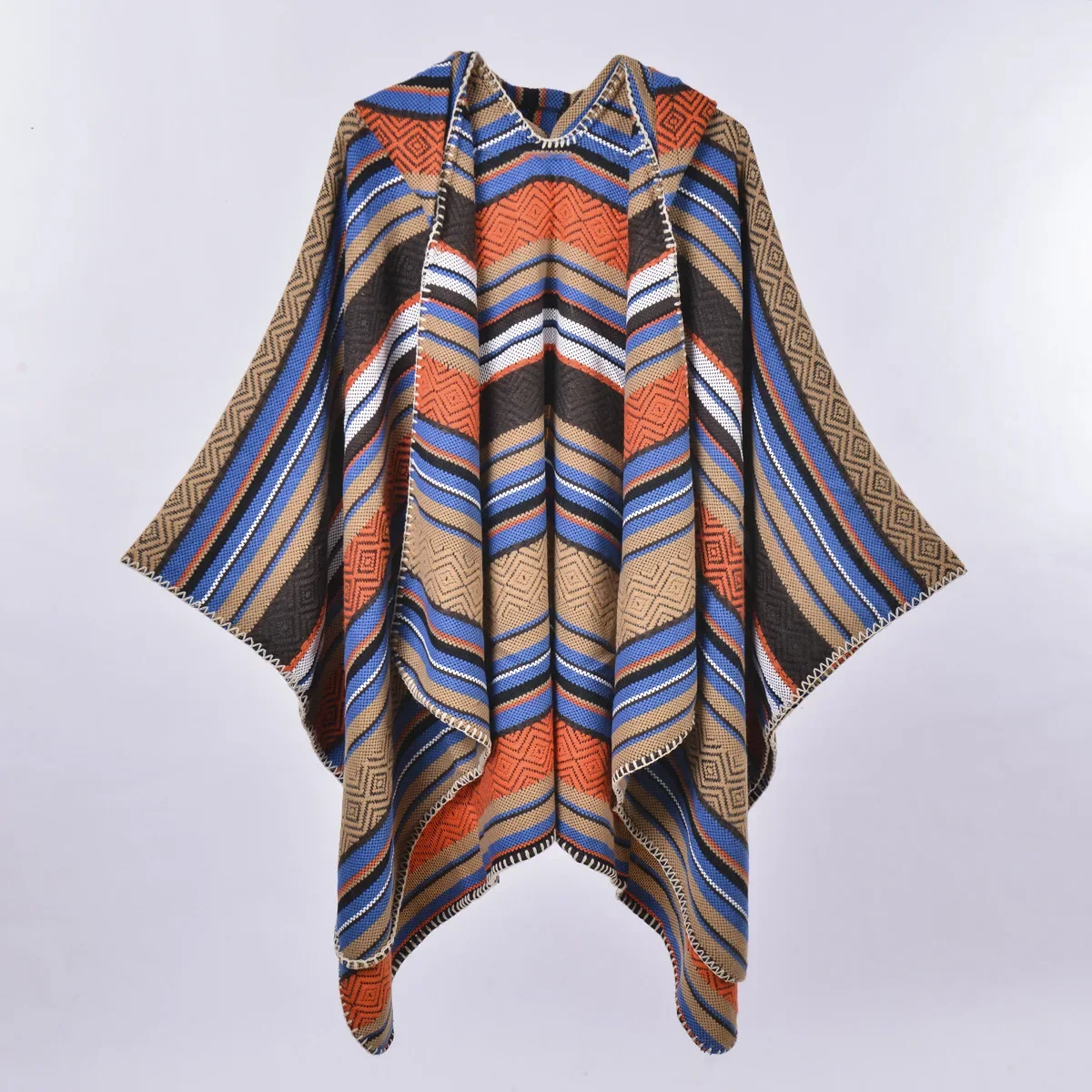 

Cape Poncho Cloak Women Hooded Imitate Cashmere Autumn and Winter Lady Stripe Stripe Print Air Conditioning Room Shawl