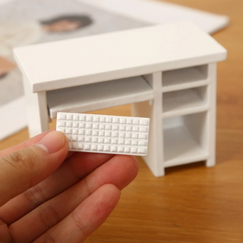 3Pcs/set Dollhouse Wooden Computer Desk+Mouse+Keyboard Doll House Study Room Micro Scene Decor Furniture Construction Props