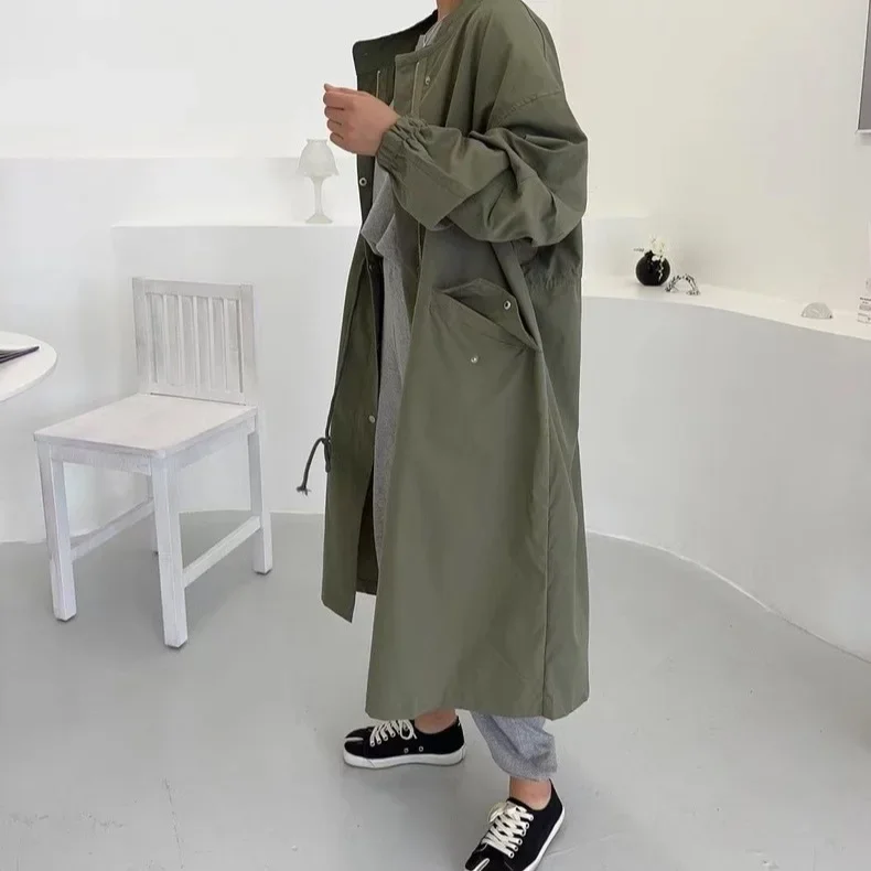 Korean Chic Autumn Winter Vintage Lazy Style Stand Collar Single Button Loose Casual Long Sleeve Mid Length Trench Coat For Wome