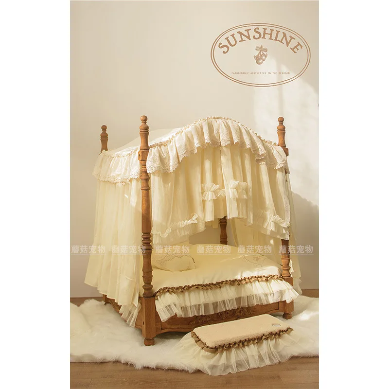 Pet Bed Solid Wood European Retro Small Bed for Small Dogs (Four-Piece Set Does Not Include Bed Frame)