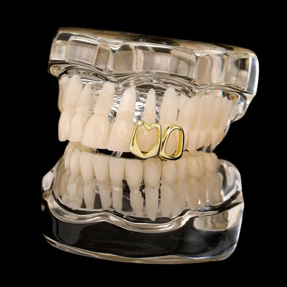 1/2pcs Trendy Hip Hop Hollow Heart Tooth Grillz Rhinestone Gold Color Dental Grills Zircon Tooth Caps Charm Teeth Grillz Daily