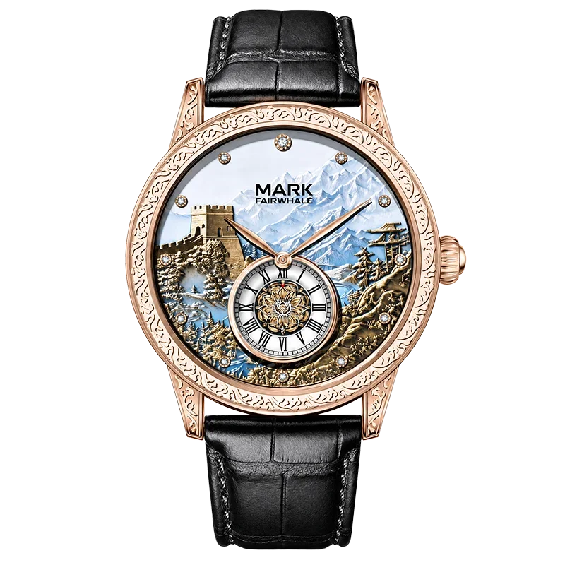 MARK FAIRWHALE Neue 6063 Automatikuhr mit Great-Wall-Zifferblatt, wasserdichte, leuchtende Leder-Mechanikuhr für Herren