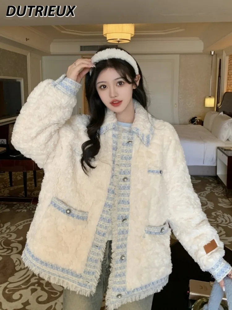 Lamb Wool Padded Thickened Jacket for Sweet Girls Autumn Winter Soft Glutinous Plush Warm Long-sleeved Cotton-padded Coat