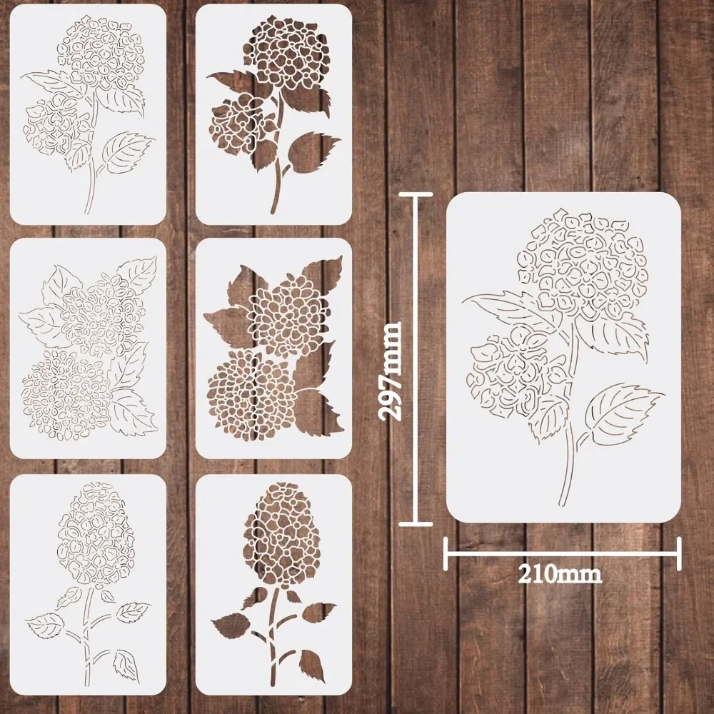 Hortênsia Stencils para Pintura em Madeira Canvas Paper, Layered Flower Stencils, 11.7x8.3 ", 6pcs