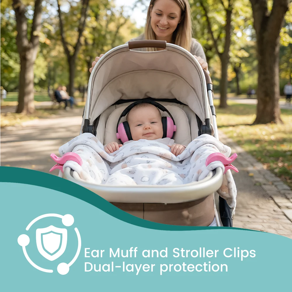 

Baby Ear Muffs & Stroller Clips Set – 25dB Noise Reduction, Adjustable & Soft Hearing Protection for Infants, Keep Baby Warm & C