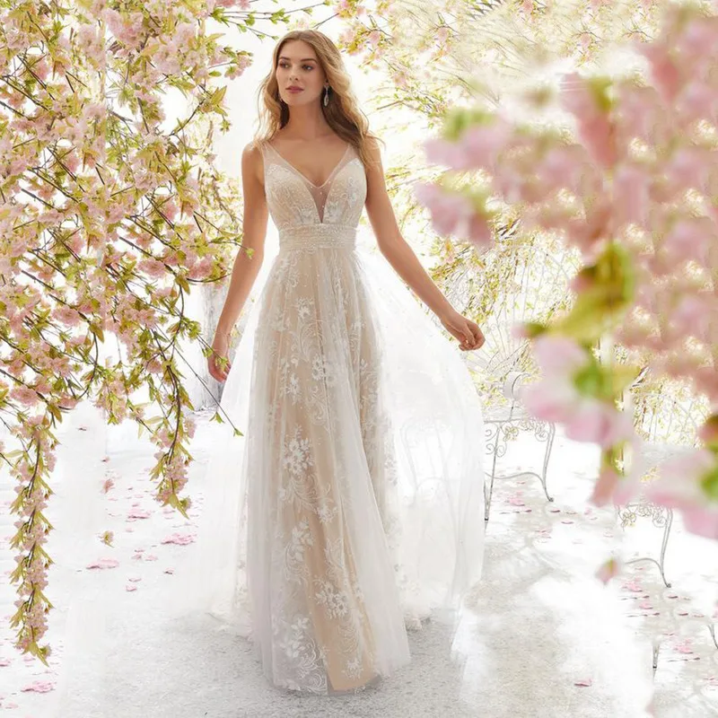 

2025 New Sexy Fashion V-neck Sleeveless Lace Ball Gown Plus Size Wedding Dress Dresses White Floor-length Style