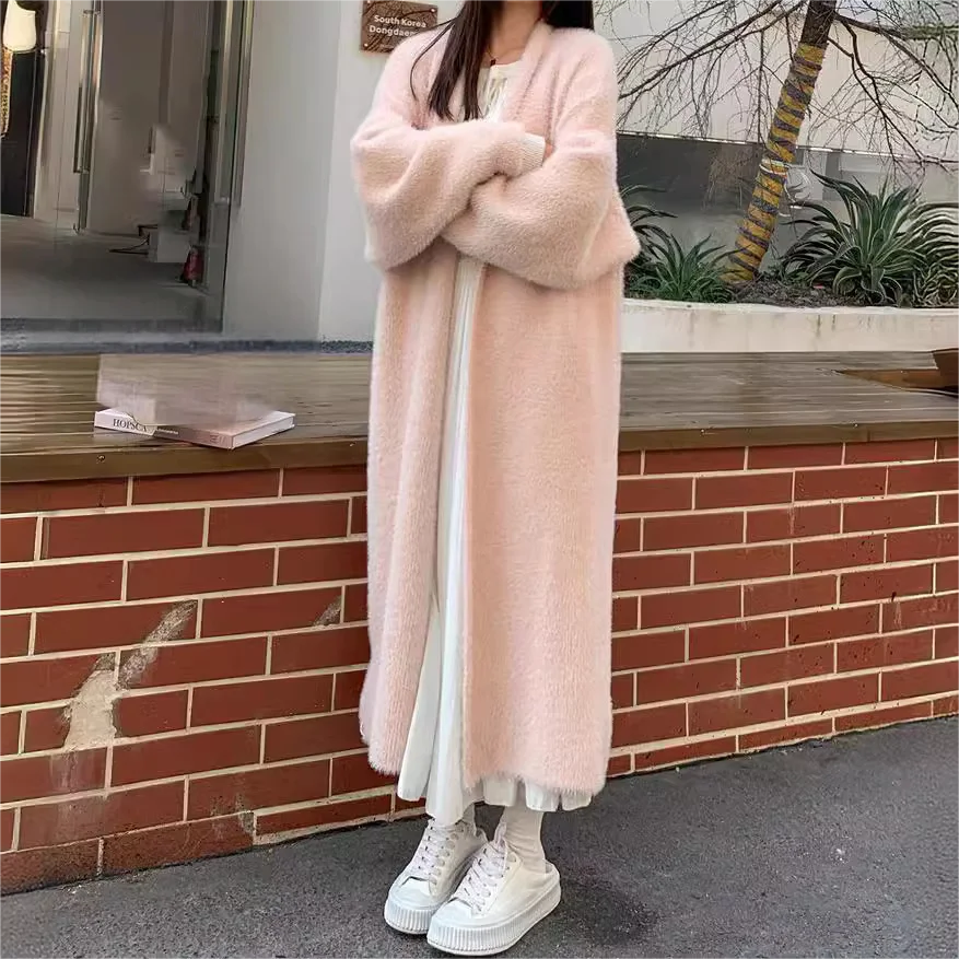 2024New Style Fall/Winter Fashion Temperament Long Knee Length Sweater Cardigan Lazy Style Loose Thickened Sweater Women's Coat